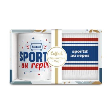 Coffret cadeau mug et chaussettes “Sportif au repos” rouge, blanc et bleu | jourdefete.com