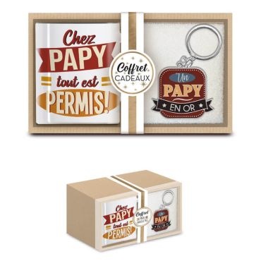 coffret cadeau mug et porte-clés un papy en or