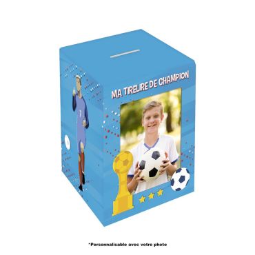 Tirelire personnalisable enfant thème football avec joueur, ballon et trophée | jourdefete.com