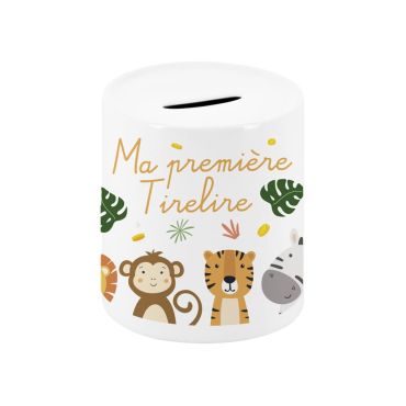 Tirelire enfant en céramique avec animaux de la savane « Ma première tirelire » | jourdefete.com
