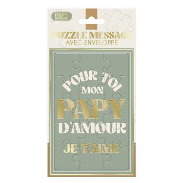 Puzzle message avec texte "Pour toi mon papy d'amour je t'aime" sur fond vert et doré | jourdefete.com