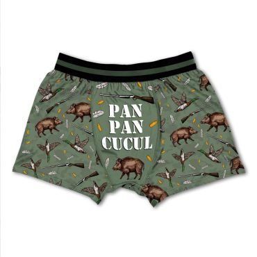 Boxer vert à motif de sangliers et fusils avec inscription “Pan Pan Cucul” | jourdefete.com