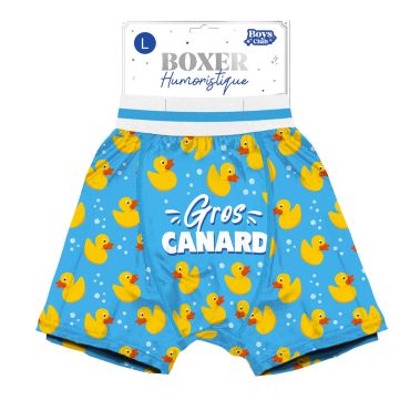 Boxer humoristique bleu avec motifs de canards jaunes et inscription Gros Canard | jourdefete.com