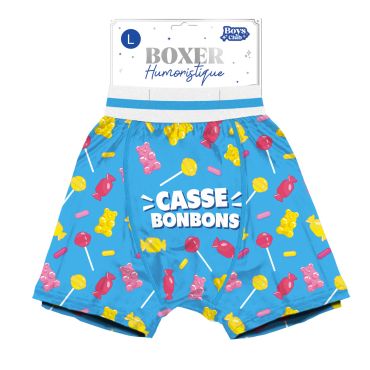 Boxer humoristique bleu avec motifs de bonbons colorés et inscription Casse Bonbons | jourdefete.com Boxer humoristique bleu avec motifs de bonbons colorés et inscription Casse Bonbons | jourdefete.com