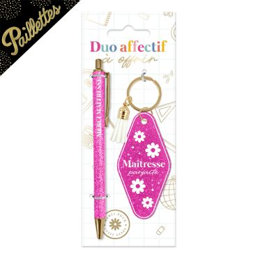 Duo cadeau de fin d'année scolaire avec stylo et porte-clés motel à paillettes pour maîtresse | jourdefete.com