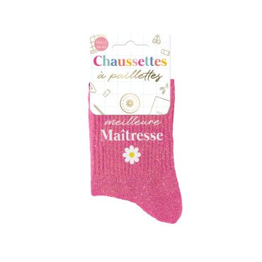 Chaussettes à paillettes roses avec inscription meilleure Maîtresse pour cadeau de fin d'année scolaire | jourdefete.com
