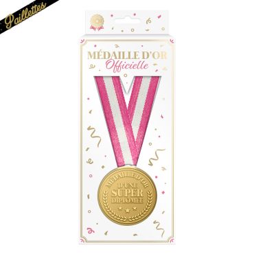 Boîte cadeau contenant une médaille d'or d'une super diplômée avec son ruban rose pailleté et blanc | jourdefete.com