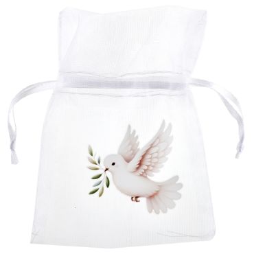 Sachets en tissu blanc motif colombe pour cérémonie | jourdefete.com