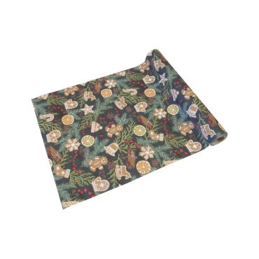 Chemin de table Noël Gourmand fond foncé avec biscuits et décorations festives | jourdefete.com