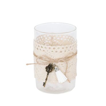 vase de 12 cm avec de la dentelle un pompon et une clef | jourdefete.com