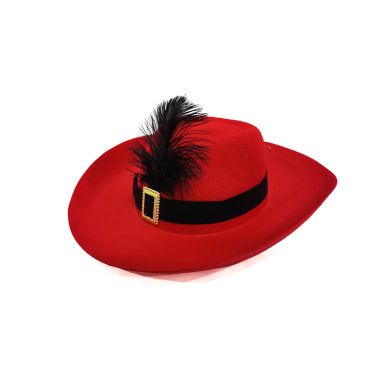 Chapeau rouge mousquetaire avec plume noire et boucle dorée | jourdefete.com