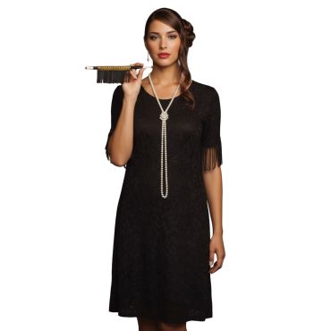 Set accessoires Charleston avec long collier de perles et fume-cigarette noir et doré à franges | jourdefete.com Set accessoires Charleston avec long collier de perles et fume-cigarette noir et doré à franges | jourdefete.com