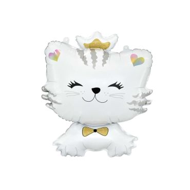 Ballon en forme de chat blanc avec couronne dorée et cœur arc-en-ciel | jourdefete.com