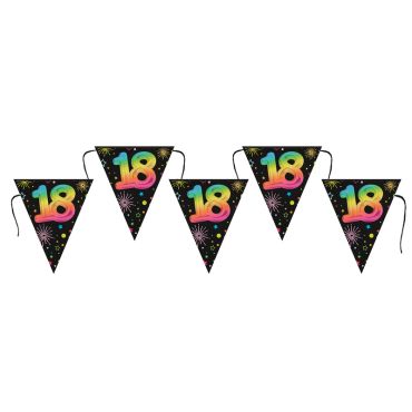 Banderole 18 ans Festicolor avec fanions noirs et motifs colorés | jourdefete.com
