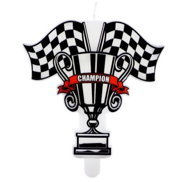 Bougie "Champion" avec trophée et drapeaux à damier | jourdefete.com