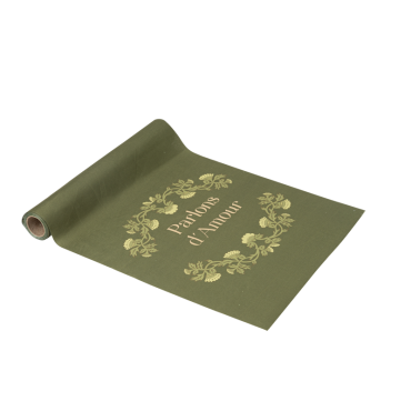 Chemin de table "Parlons d'Amour" en tissu pistache et or | jourdefete.com