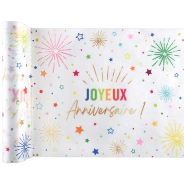 Chemin de table Joyeux Anniversaire blanc, décor festif et coloré | jourdefete.com