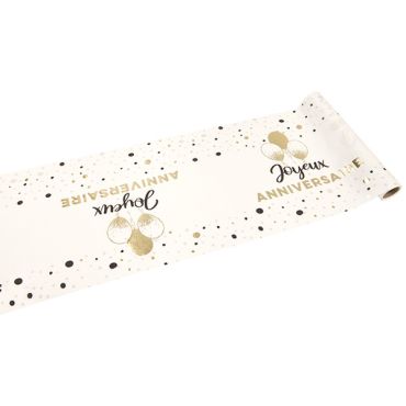 Chemin de table "Joyeux Anniversaire" doré et blanc en tissu avec ballons et pois festifs | jourdefete.com