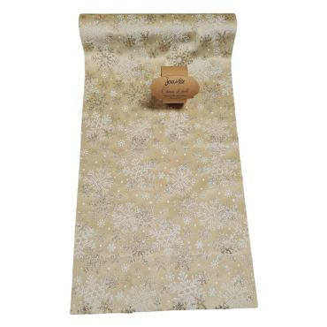 Déroulez ce splendide chemin de table en velours ivoire avec des flocons sur votre table de Noël doré | jourdefete.com