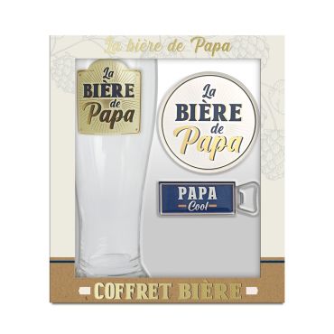 Coffret bière papa avec verre, sous-verre "La Bière de Papa" et décapsuleur "Papa Cool" | jourdefete.com