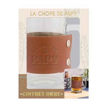 Coffret chope de bière La Bière de Papy avec manchon en cuir pour grand-père | jourdefete.com