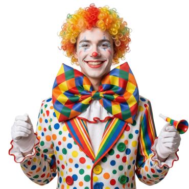 Homme souriant portant un nœud papillon à losanges de clown | jourdefete.com