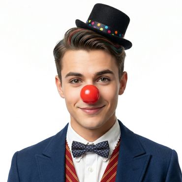Jeune homme souriant déguisé avec un chapeau et portant un nez rouge de clown en plastique brillant | jourdefete.com