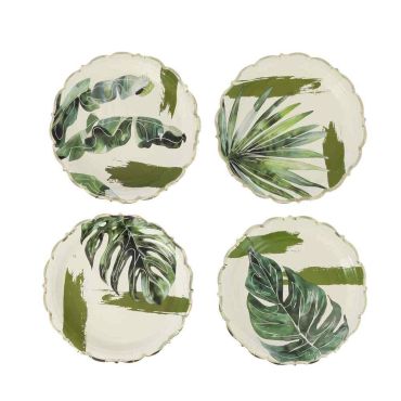 Assiettes carton crème vert et or à motifs feuillages pour mariage et fête estivale | jourdefete.com