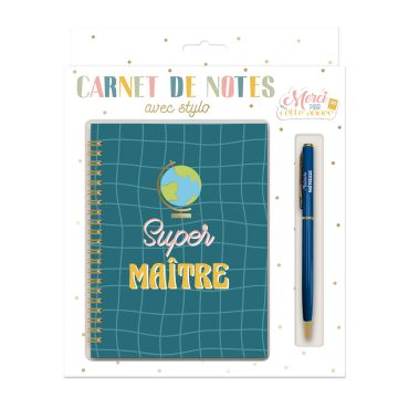 Coffret cadeau carnet et stylo pour maître "Super Maître" | jourdefete.com