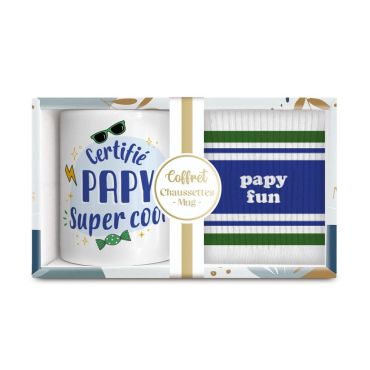 Coffret cadeau mug “Certifié papy super cool” et chaussettes “Papy fun” | jourdefete.com Coffret cadeau mug “Certifié papy super cool” et chaussettes “Papy fun” | jourdefete.com
