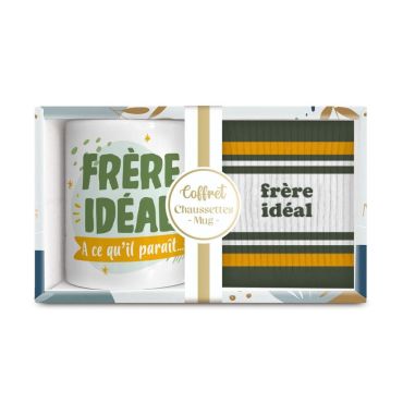 Coffret cadeau mug et chaussettes “Frère idéal” vert et jaune | jourdefete.com
