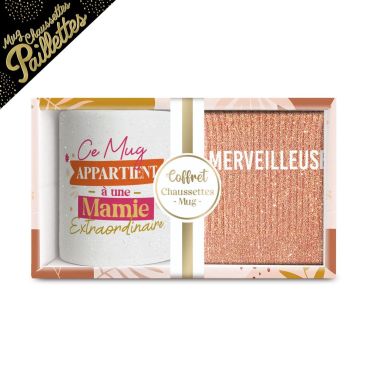 Coffret cadeau mug et chaussettes pailletées Mamie Merveilleuse | jourdefete.com
