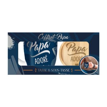 Une belle tasse à café "Papa adoré" ainsi qu'une sous-tasse en bois pour votre papa | jourdefete.com