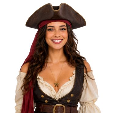 Gros plan sur un collier pirate doré avec pendentif tête de mort porté par une femme en costume | jourdefete.com Gros plan sur un collier pirate doré avec pendentif tête de mort porté par une femme en costume | jourdefete.com