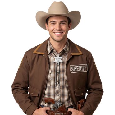Homme souriant avec chapeau de cow-boy marron clair et collier en forme d'étoile d'argent | jourdefete.com