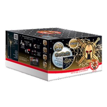 Feu d’artifice compact Goliath multicolore 49 tirs avec effets crépitants pour spectacle extérieur.