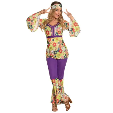 Déguisement Hippie Blossom femme coloré années 70 avec pantalon pattes d’éléphant et haut fleuri | jourdefete.com
