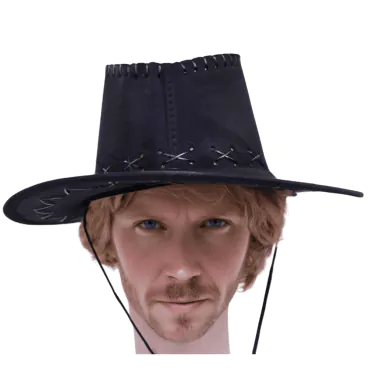 Chapeau de cowboy noir avec détails couture et effet cuir patiné | jourdefete.com