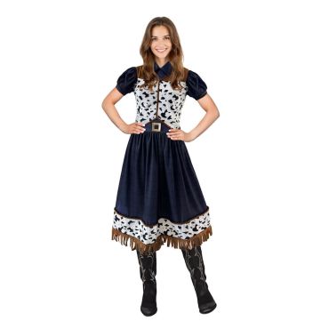 Femme déguisée en cowgirl avec robe western à imprimé vache | jourdefete.com