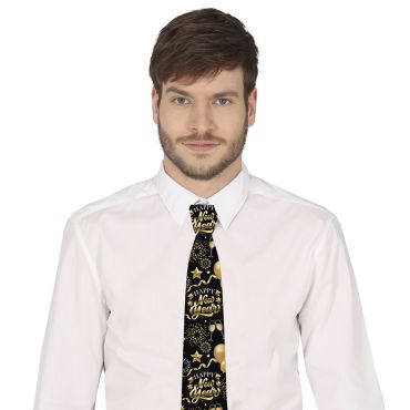 Cravate festive noire et or avec motifs “Happy New Year” | jourdefete.com
