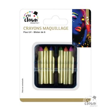 Crayons maquillage fluo UV - blister de 6 pour soirées lumineuses | jourdefete.com
