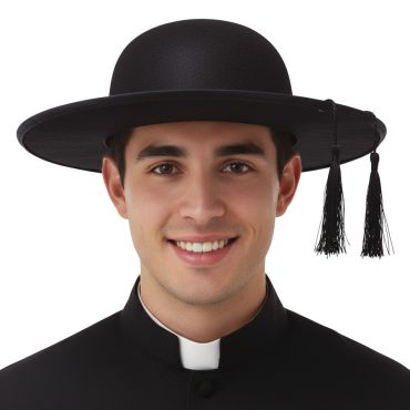 Chapeau de curé noir avec pompons pour déguisement religieux | jourdefete.com
