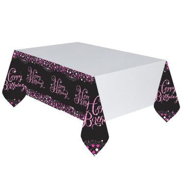 Nappe en Plastique "Happy Birthday" - Rose / Noir
