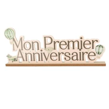 Centre de table 1er anniversaire en bois vert amande et crème | jourdefete.com