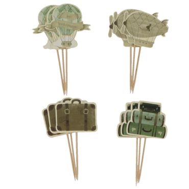 Pics déco anniversaire montgolfière et valises crème & vert amande x12 | jourdefete.com