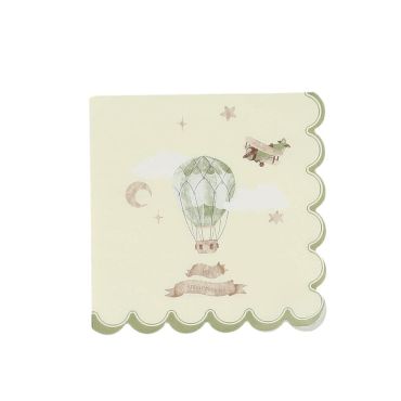 Serviettes 1er anniversaire thème montgolfière vert amande et taupe | jourdefete.com