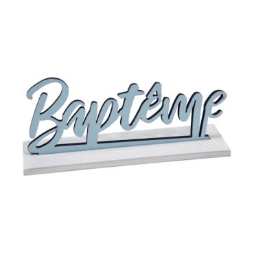 Décoration "Baptême" en bois peint sur socle bleu pour une ambiance festive et douce | jourdefete.com