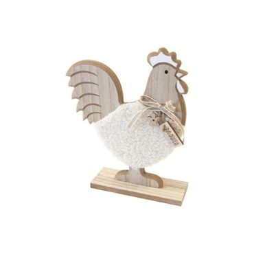 Coq en bois et fourrure avec inscription Pâques sur socle | jourdefete.com
