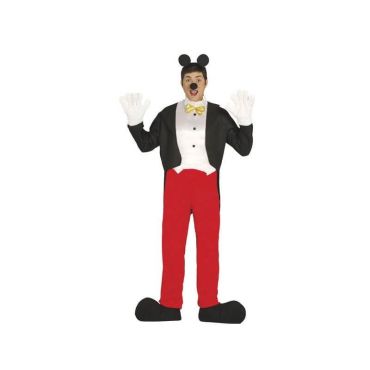 Déguisement homme souris célèbre avec pantalon rouge, veste noire, gants blancs et oreilles rondes, parfait pour carnaval ou soirée déguisée.