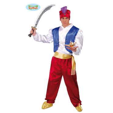 Déguisement homme Aladin avec gilet bleu, pantalon rouge et turban oriental, idéal pour carnaval et soirées à thème.